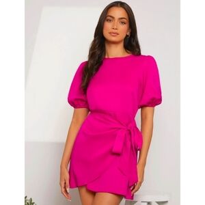 Shein Pink wrap puff sleeve dress